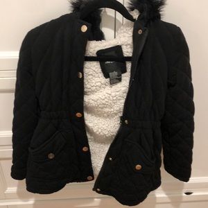 Black button up winter coat with white wool inside for girls 10-11